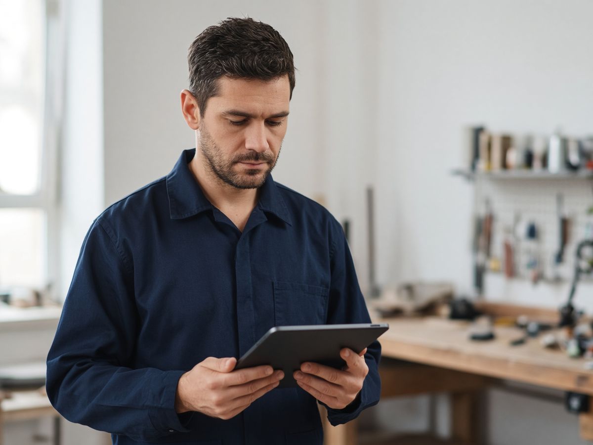 Tradesman with a tablet in the workshop